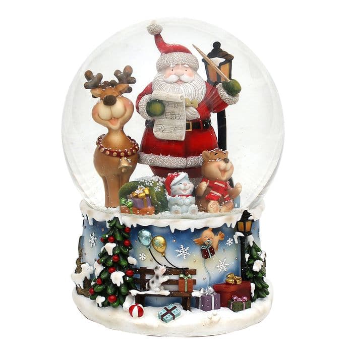 Polyresin snowglobe "Santa with happy reindeer" 15 x 15 x 20 cm